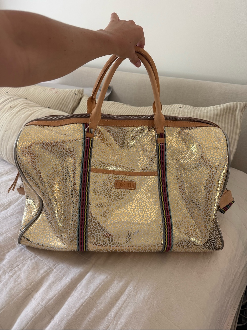 Consuela Metallic Gold Duffel with Tan Leather Handles